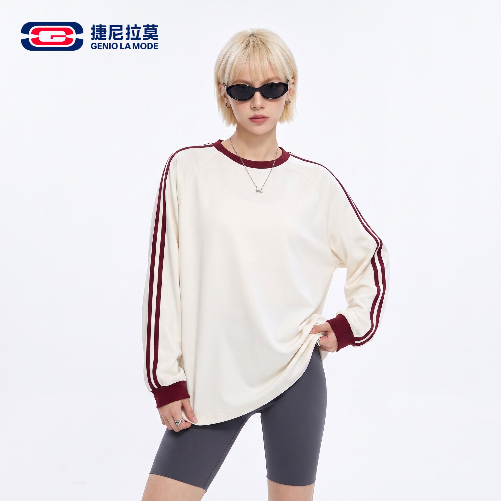 捷尼拉莫美式复古撞色条纹卫衣