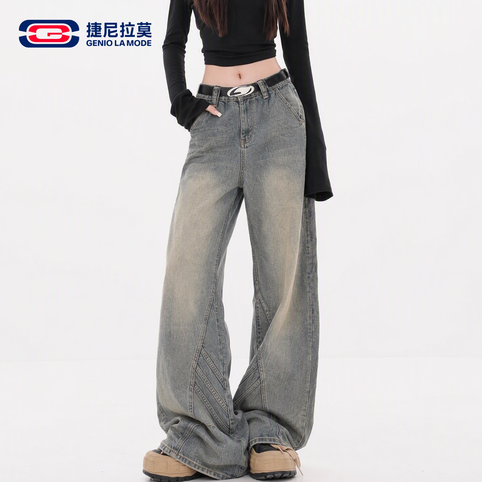 捷尼拉莫美式复古水洗阔腿牛仔裤