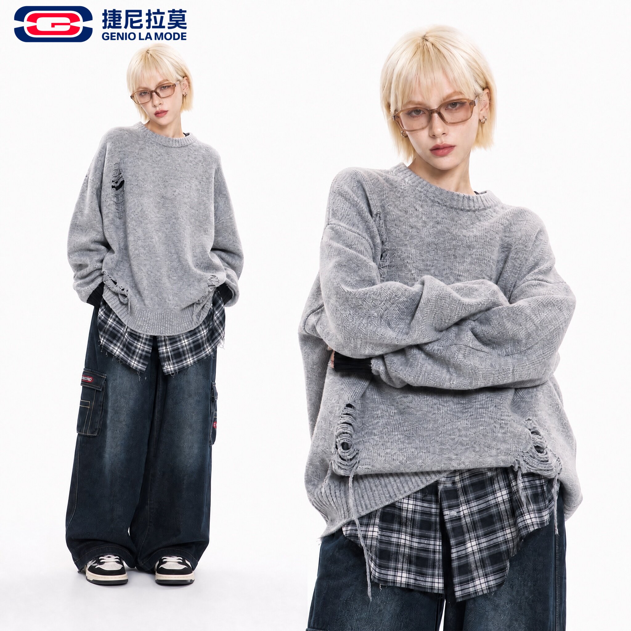 捷尼拉莫美式复古破洞针织毛衣
