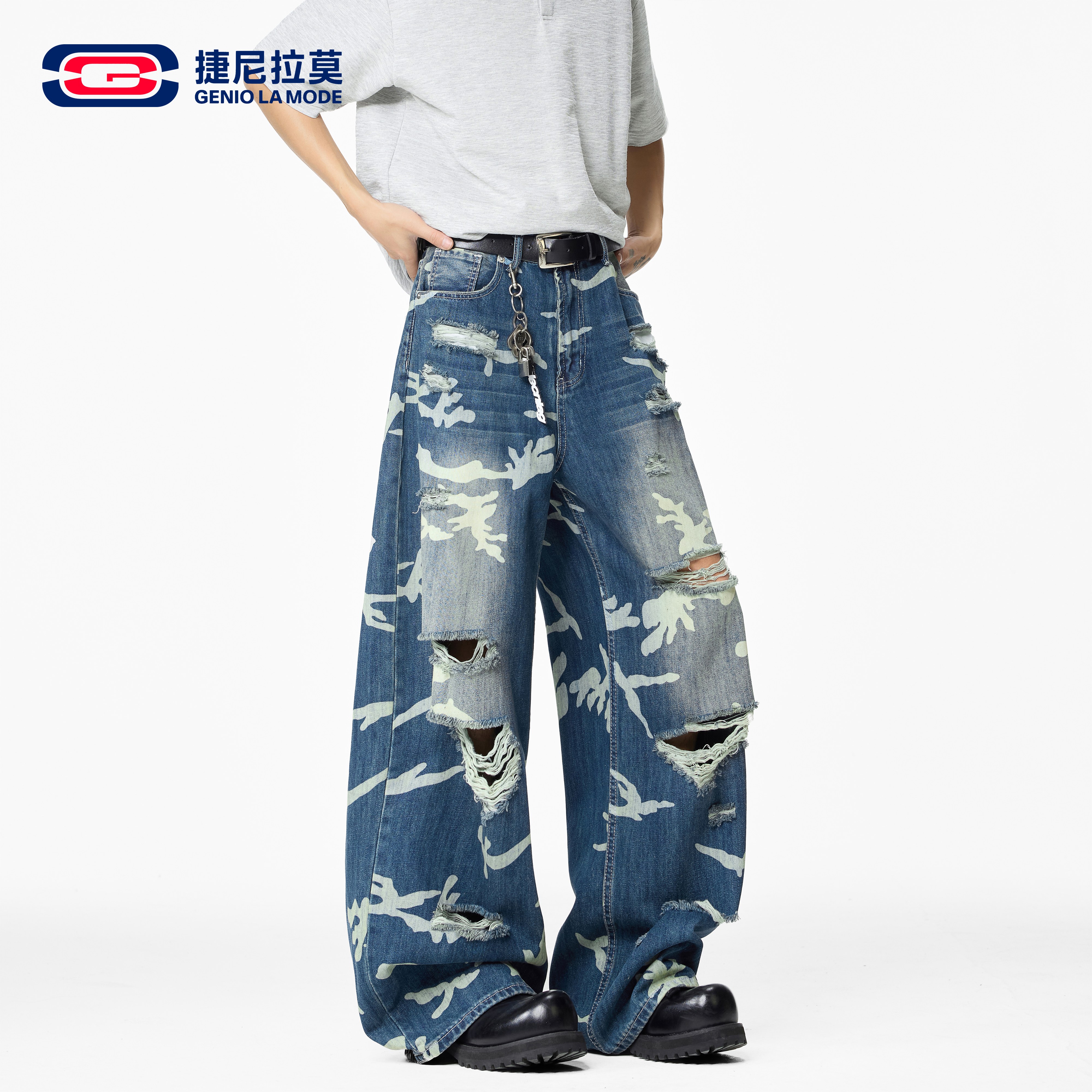 捷尼拉莫破洞迷彩牛仔裤图片