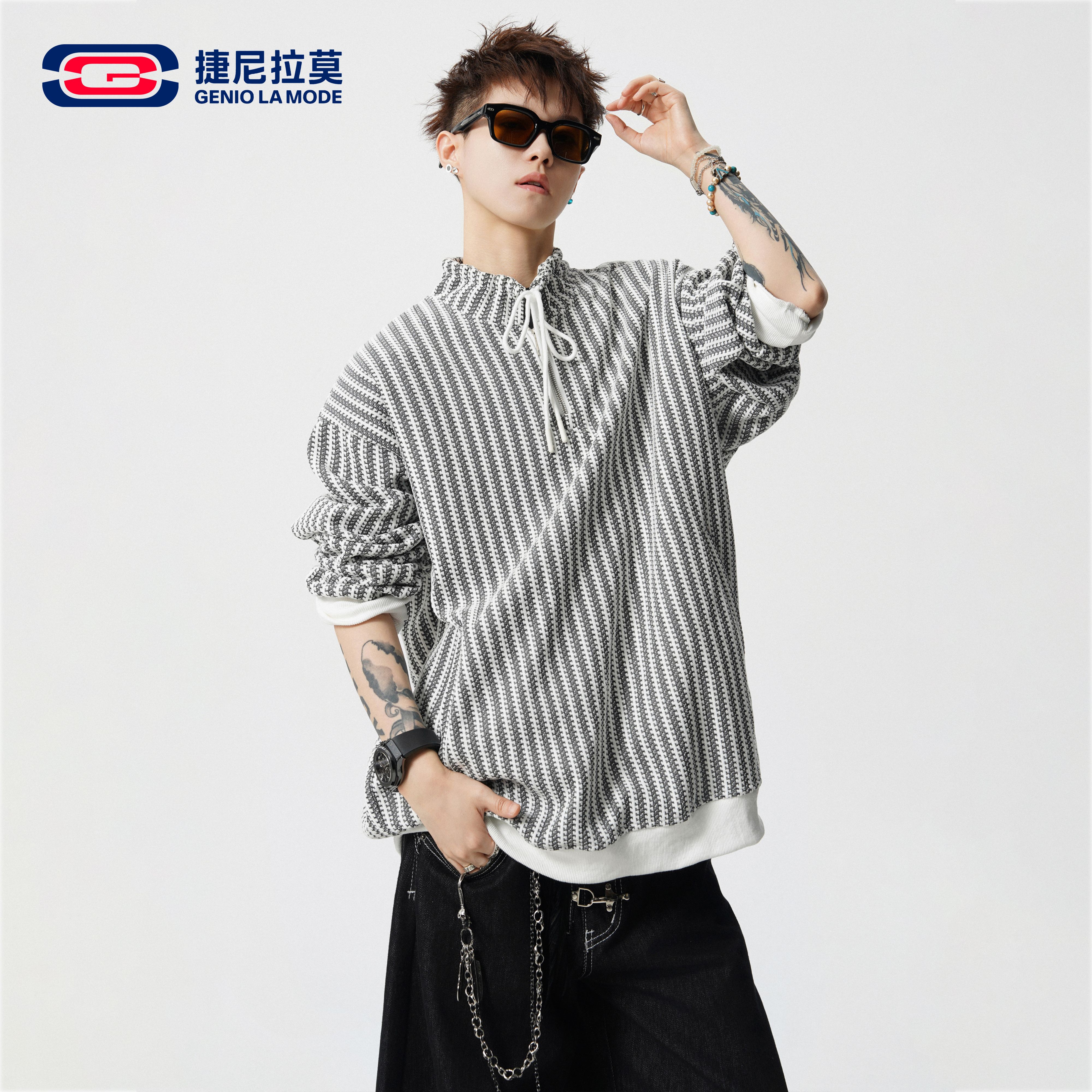 捷尼拉莫美式半拉链立领条纹卫衣