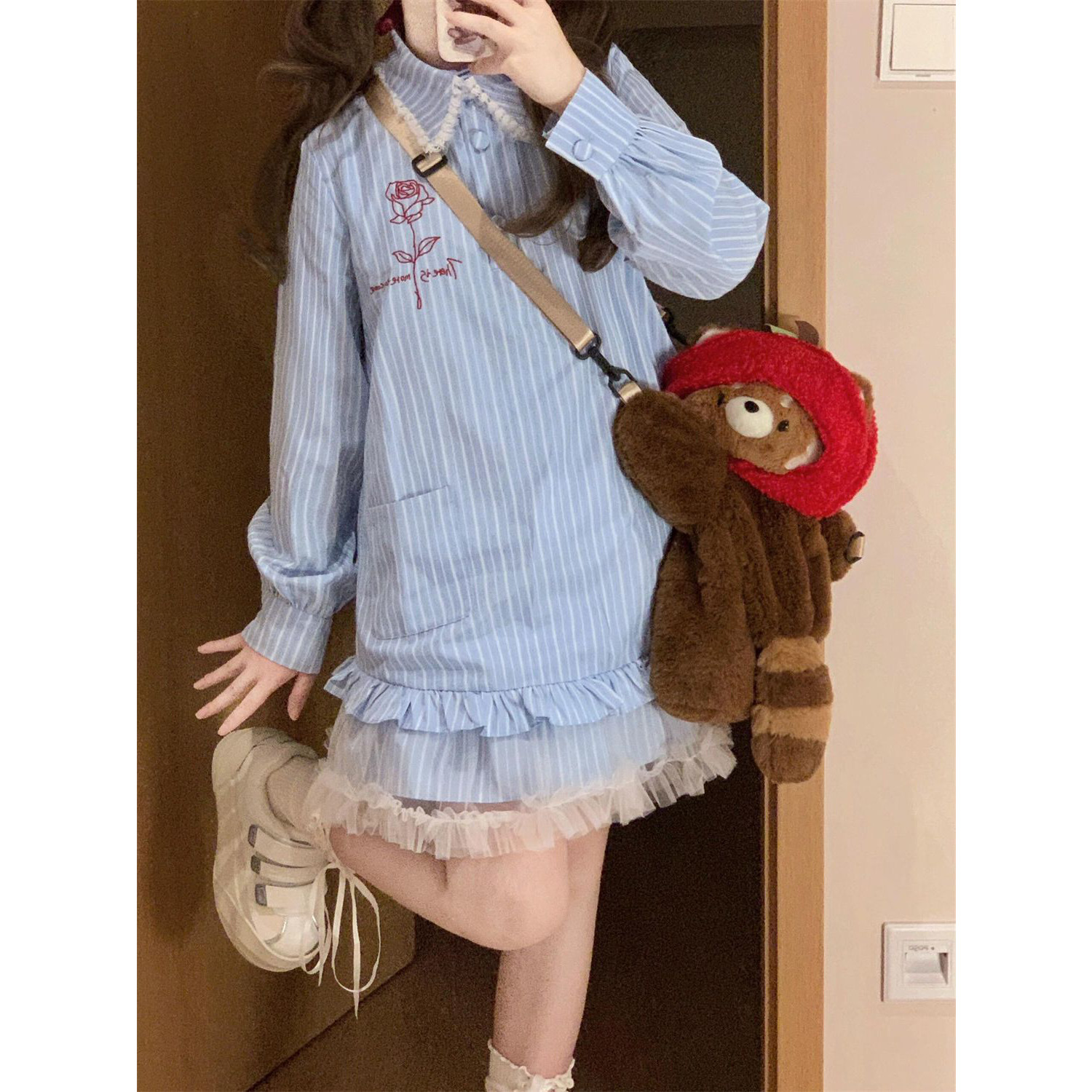 衬衫裙蕾丝花边假两件长袖连衣裙