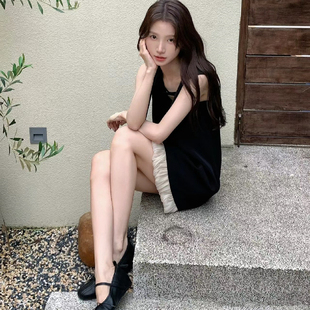 性感收腰显瘦套头显瘦连衣裙 纯欲甜美少女拼蕾丝边粉色吊带裙法式
