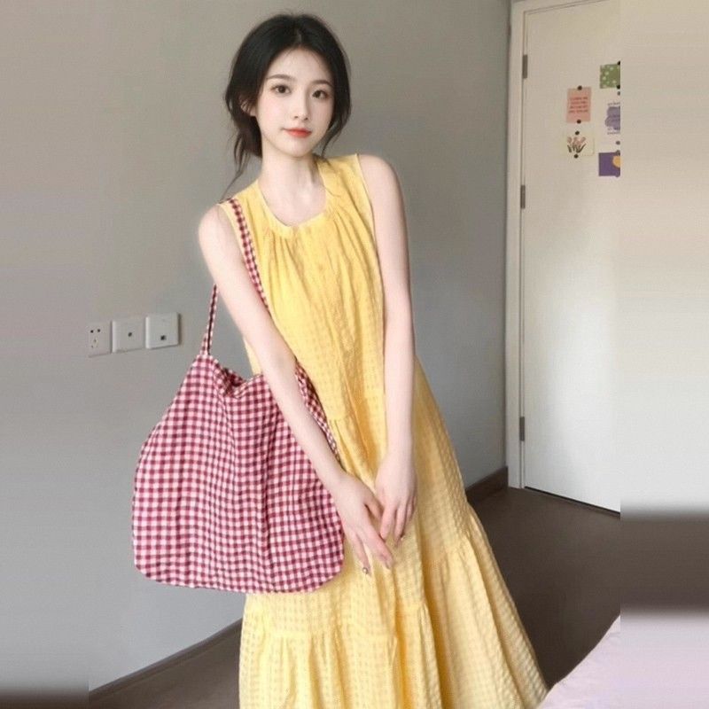 背心长裙黄色无袖吊带连衣裙子女
