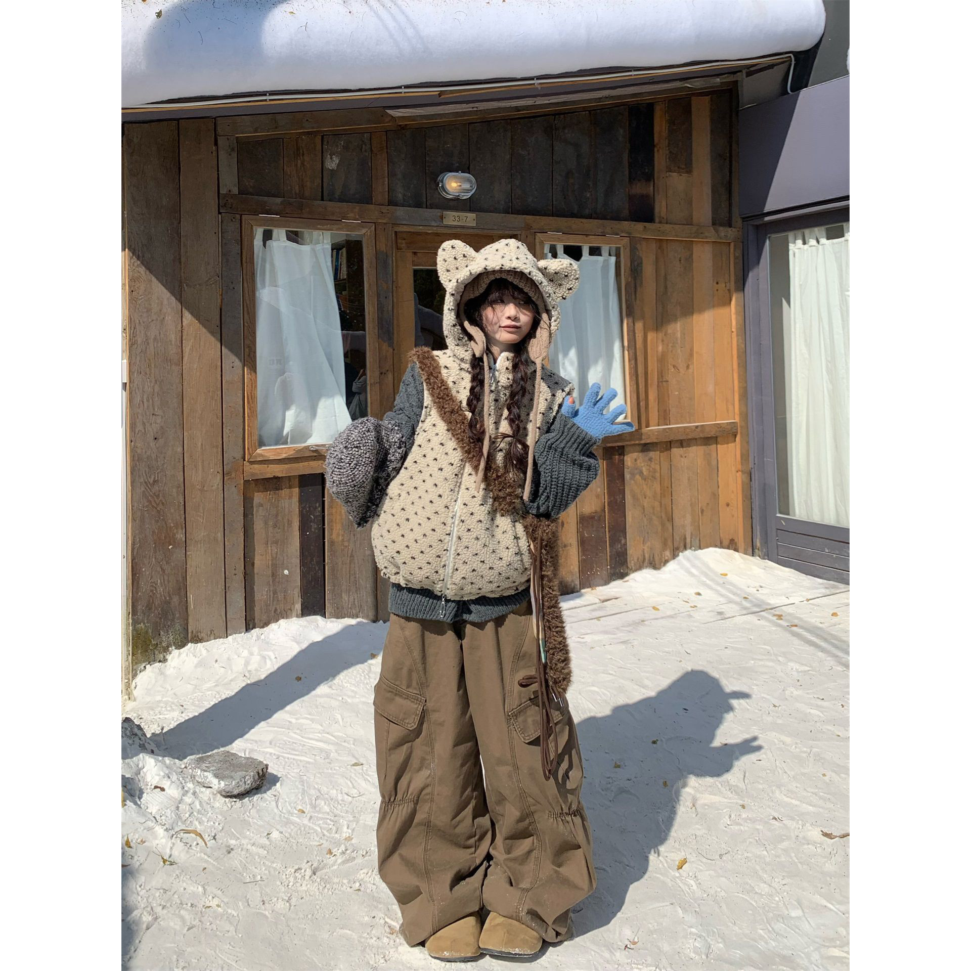 羊羔绒熊耳朵连帽夹棉加厚马甲棉服外套女冬季叠穿保暖袄