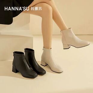 韩娜苏专柜正品牛皮高跟短靴女爆款秋冬鞋白色法式瘦瘦靴百搭单靴