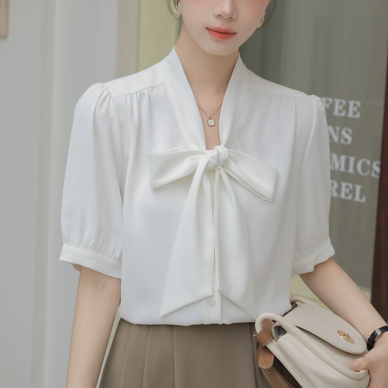 白色气质系带衬衣女夏季新款休闲百搭OL时尚职业简约通勤短袖衬衫