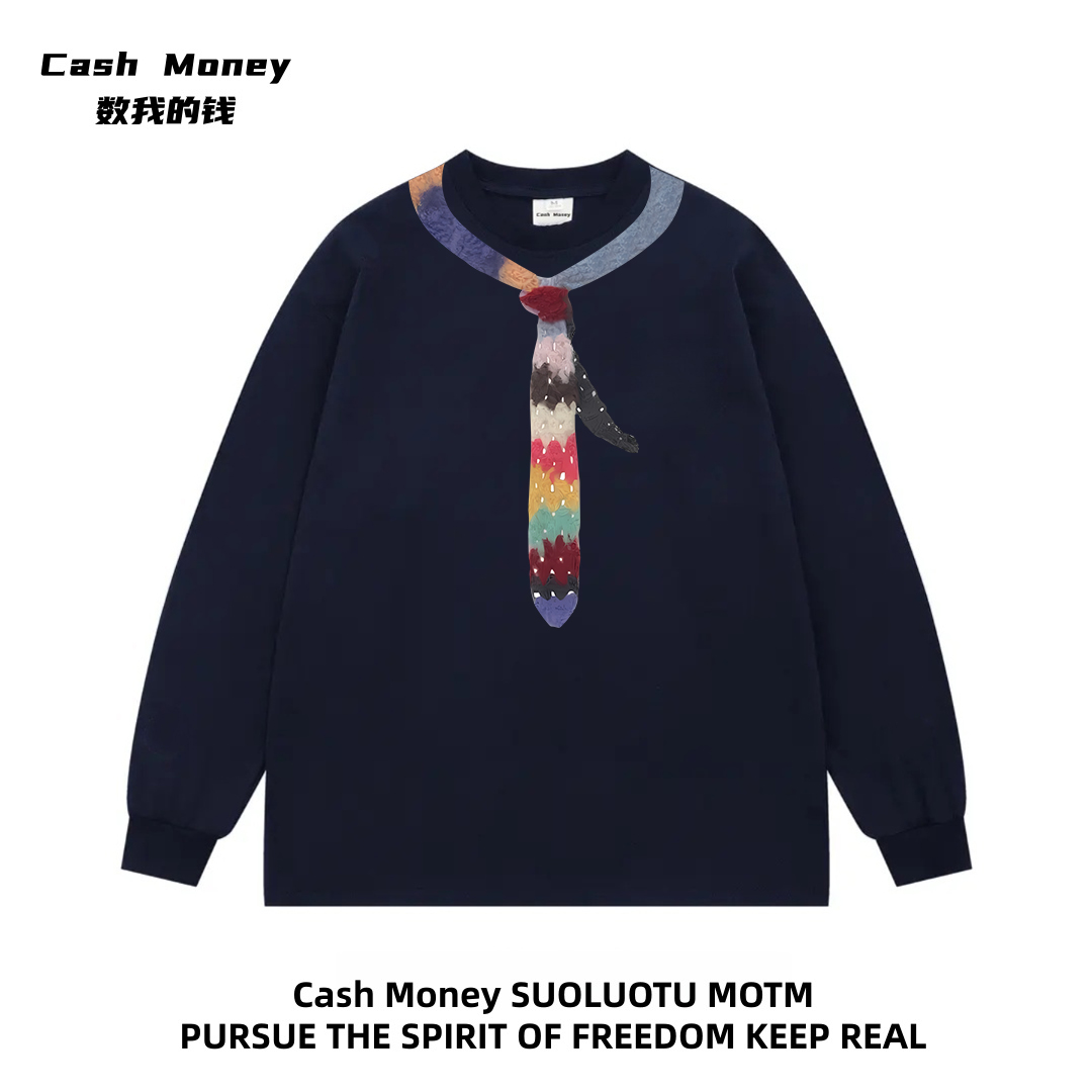 Cash Money数我的钱 彩色领带趣味印花T恤男女长袖宽松小众上衣潮