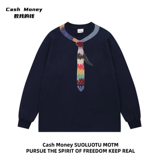 彩色领带趣味印花T恤男女长袖 钱 宽松小众上衣潮 Money数我 Cash