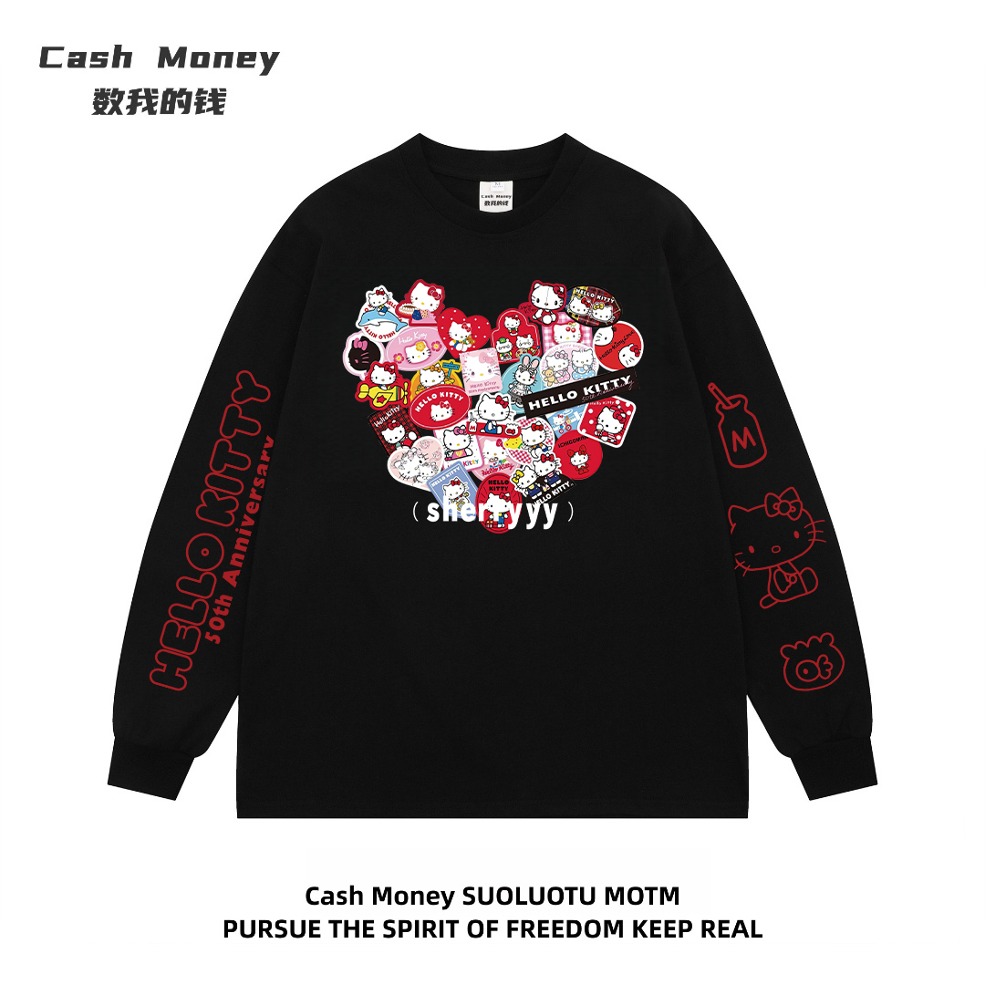 Cash Money数我的钱 秋季复古爱心KT猫印花男女款宽松卡通T恤长袖