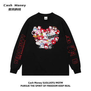 Money数我 宽松卡通T恤长袖 钱 复古爱心KT猫印花男女款 秋季 Cash