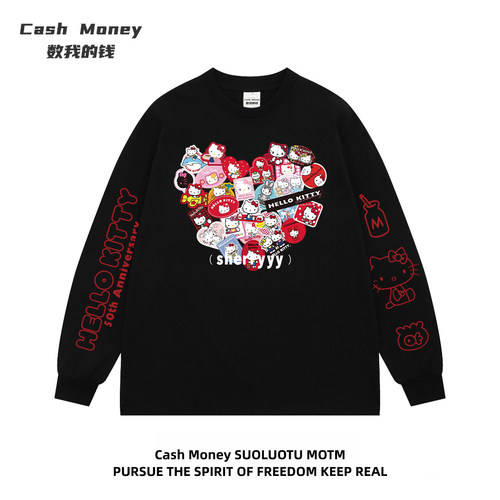 秋季复古爱心KT猫印花男女款宽松卡通T恤长袖