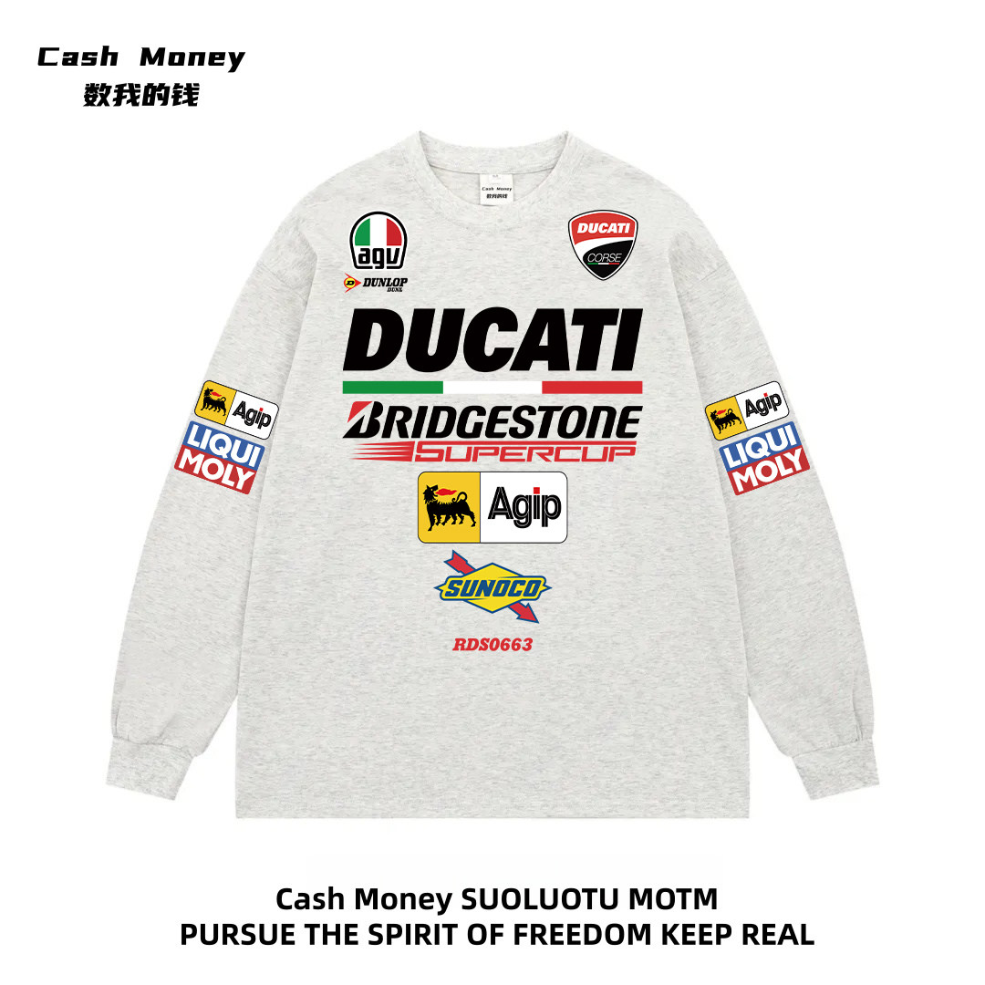 Cash Money数我的钱 国潮牌机车印花长袖t恤圆领宽松秋季百搭潮流