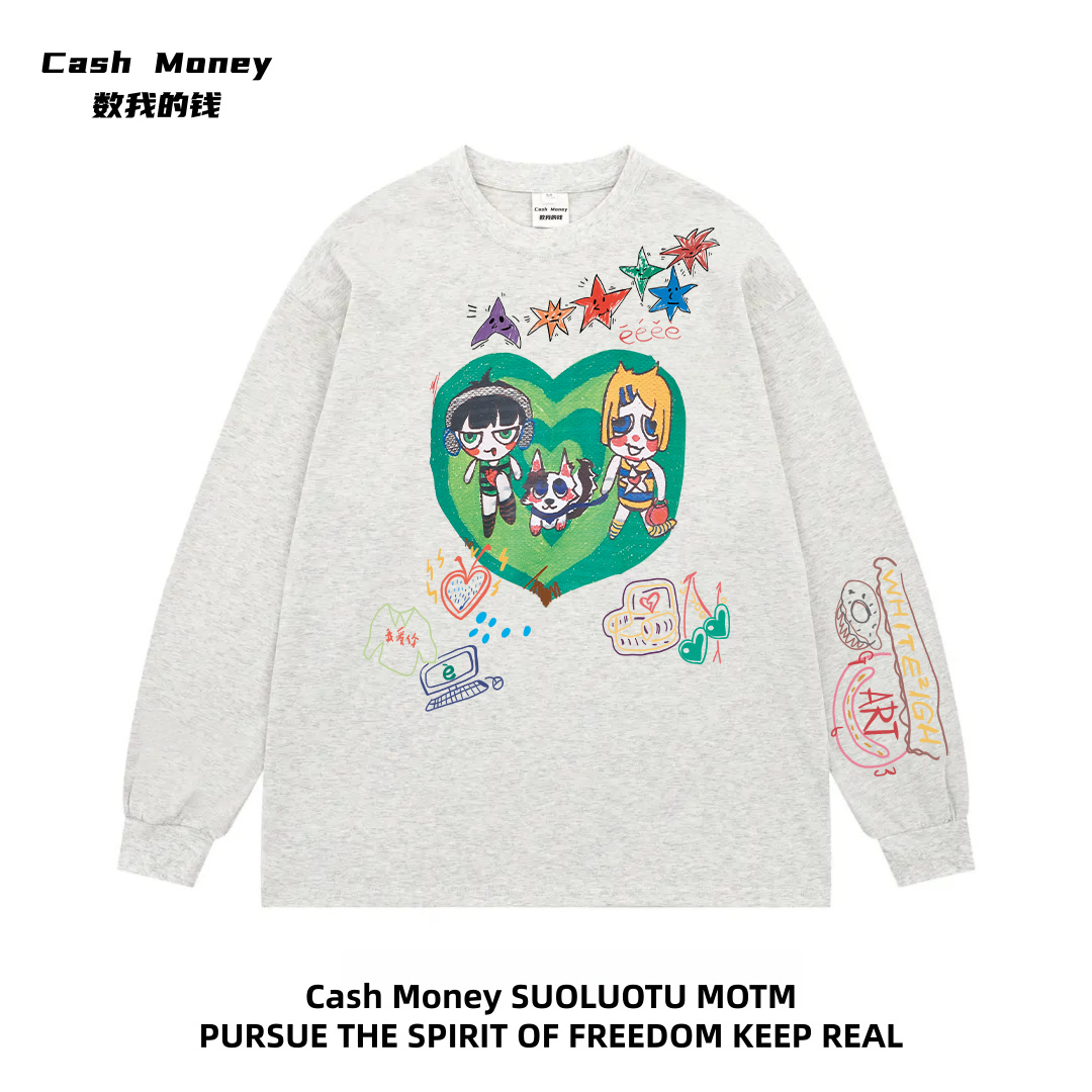 Cash Money数我的钱 卡通印花长袖T恤美式高街宽松百搭涂鸦打底衫