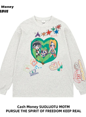 Cash Money数我的钱 卡通印花长袖T恤美式高街宽松百搭涂鸦打底衫