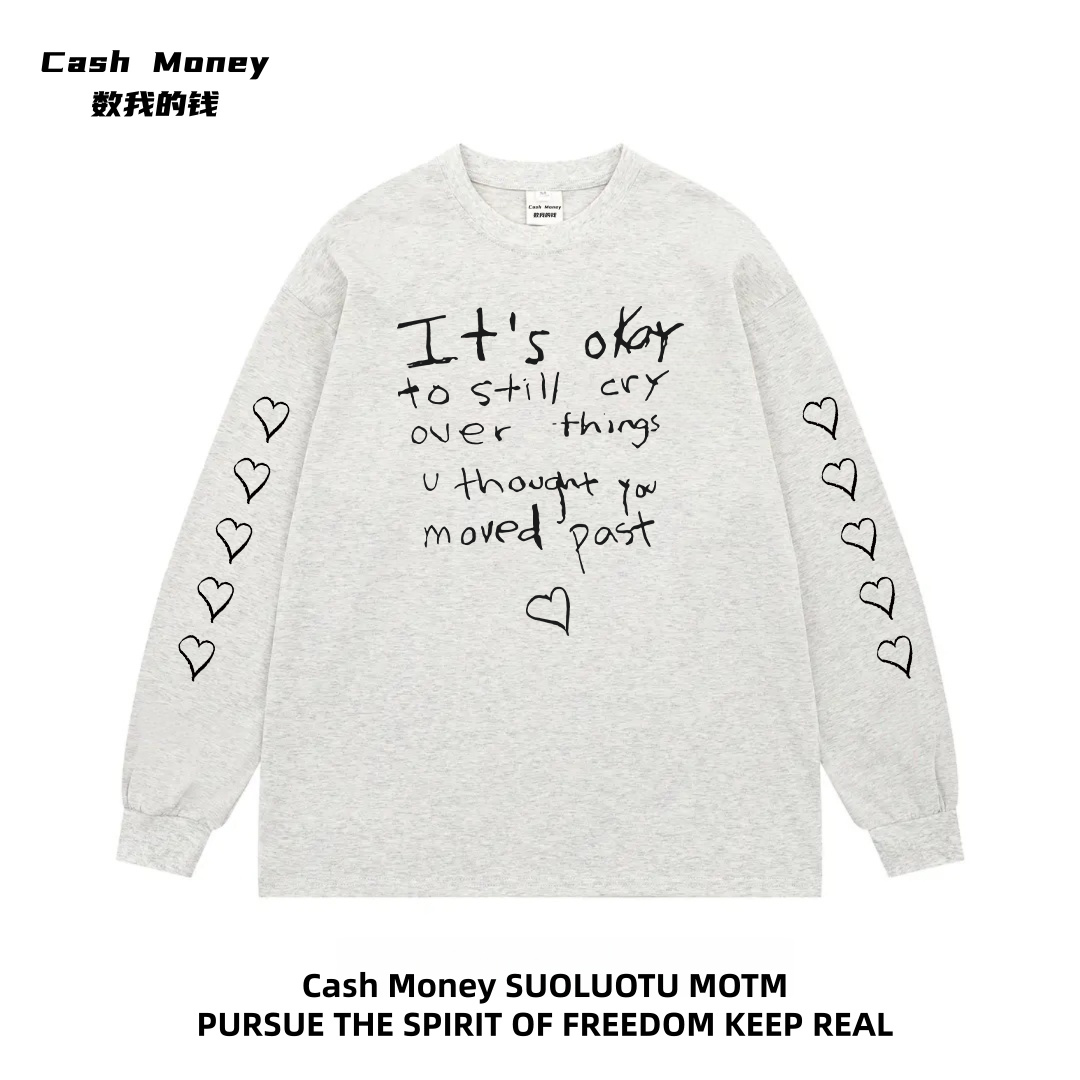 Cash Money数我的钱 字母爱心印花长袖T恤美式圆领上衣休闲打底衫
