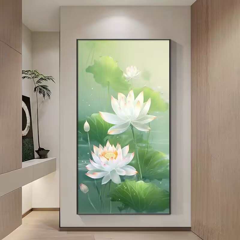 新中式荷花玄关装饰画和气生财莲花走廊尽头挂画风水画正对门壁画