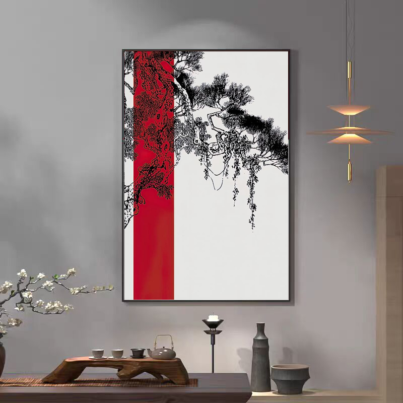 客厅新中式迎客松装饰画入户玄关茶室挂画禅意松树样板间墙面壁画图片