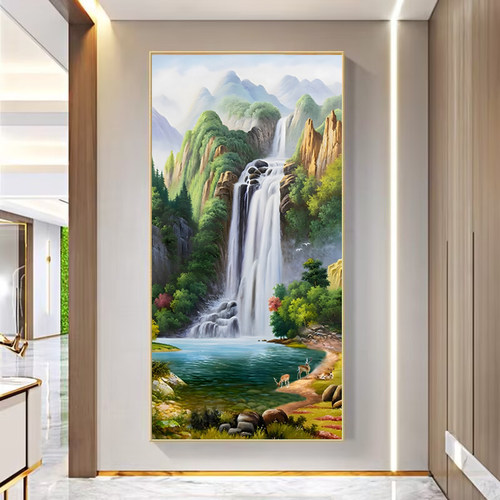 流水生财玄关风景挂画入户走廊过道正对门风水壁画源远流长山水画