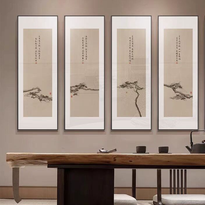 新中式迎客松客厅挂画办公室茶室餐厅背景墙壁画酒店四条屏装饰画