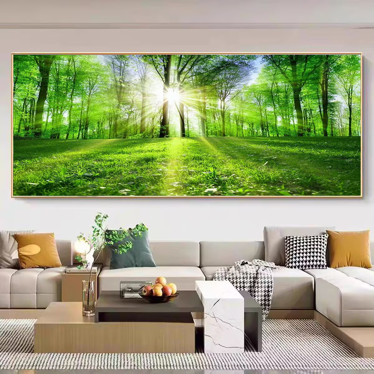 阳光大森林树林绿草地大自然风景画客厅装饰画招财风水画树木挂画