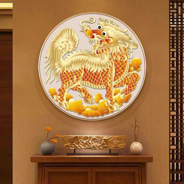 麒麟神兽圆形玄关装饰画金麒麟献瑞客厅招财风水画茶室办公室壁画
