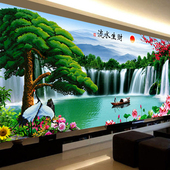 新款 钻石画流水生财贴钻十字绣迎客松客厅大幅山水画风景满砖石绣