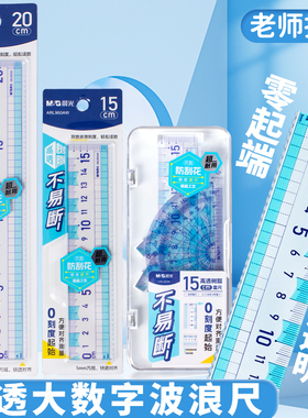晨光零起端直尺带波浪线15CM/20CM小学生简约大数字高透双色刻度尺树脂不易断小学生初中生绘图测量几何套尺