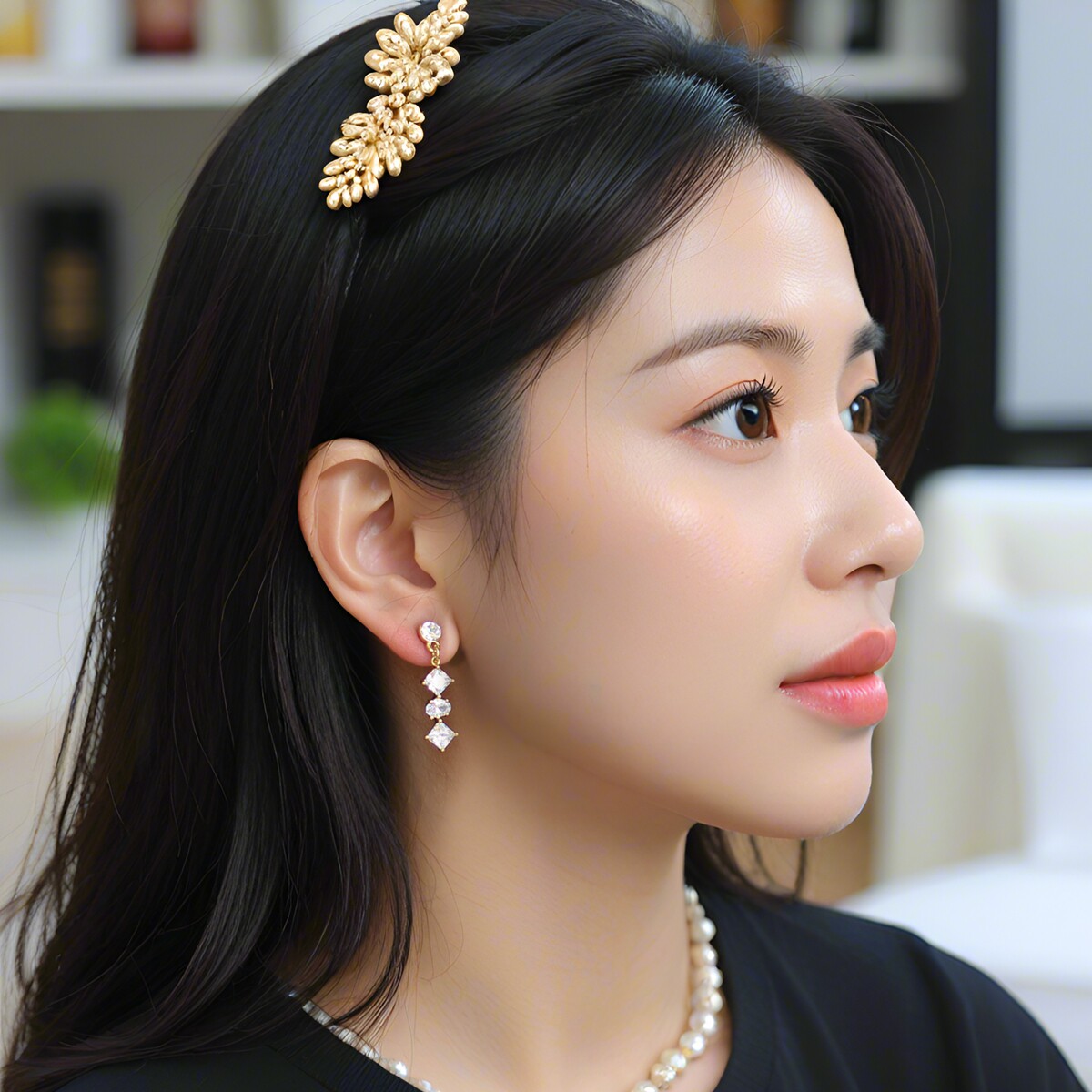 日本手工镶嵌4A锆石金属耳饰几何耳夹女简约百搭款耳环可调节耳夹