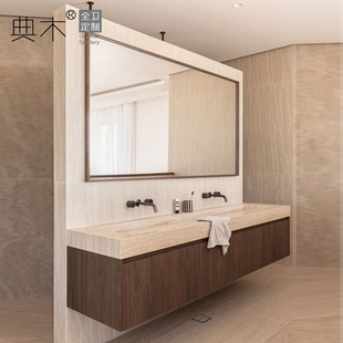 中古风浴室柜复古卫生间洞石洗漱台落地双盆卫浴柜洗手台盆柜组合