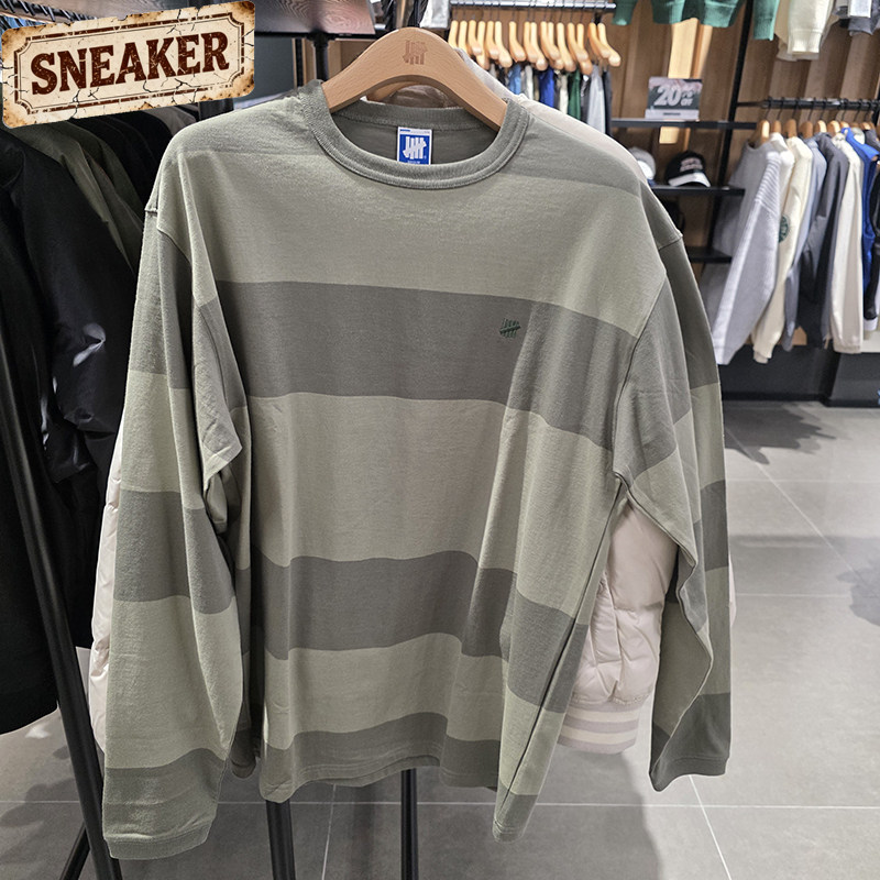 UNDEFEATED 五条杠秋休闲军绿条纹情侣纯棉针织长袖T恤UI43GLS03M