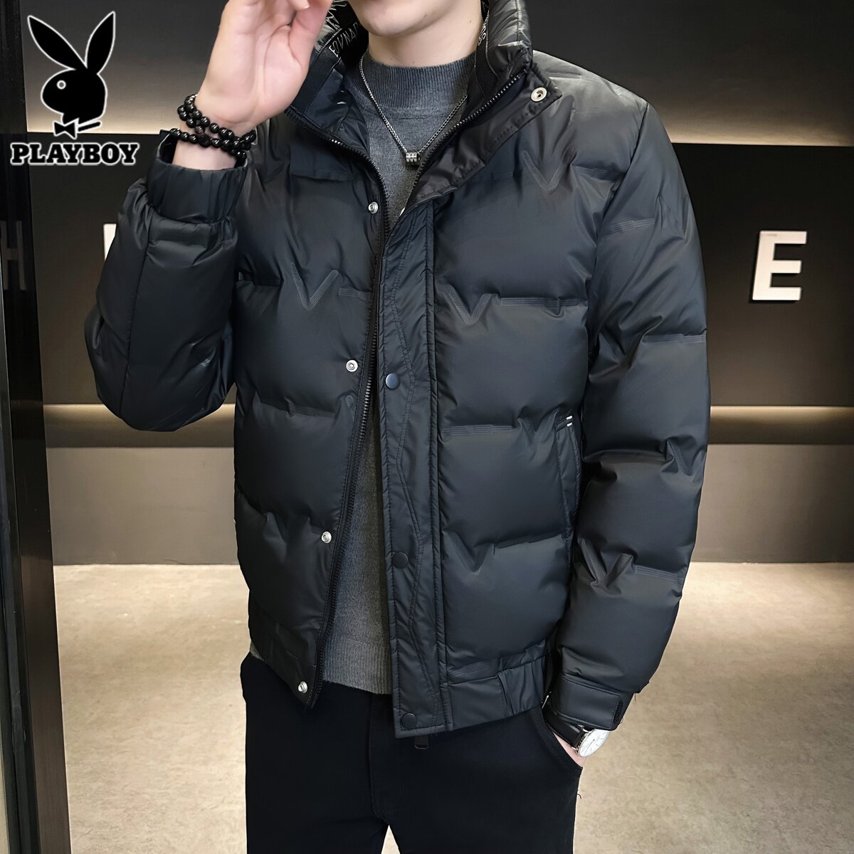 花花公子冬季轻薄羽绒服男士潮流保暖面包服鸭绒立领外套男装短款