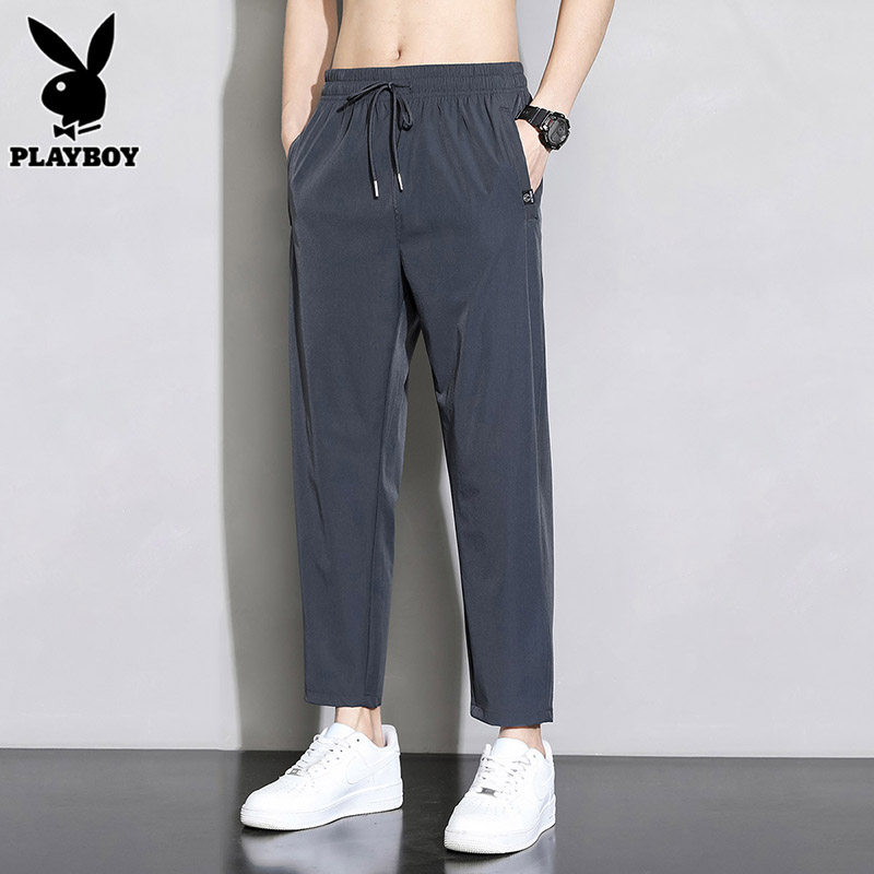 花花公子夏季冰丝男士休闲裤潮流薄款九分宽松紧腰运动长裤男裤子