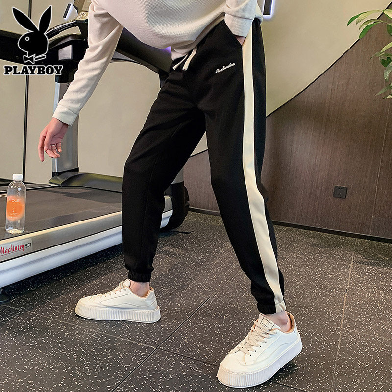 花花公子春季休闲裤男士潮流春秋美式条纹卫裤运动九分长裤子男裤