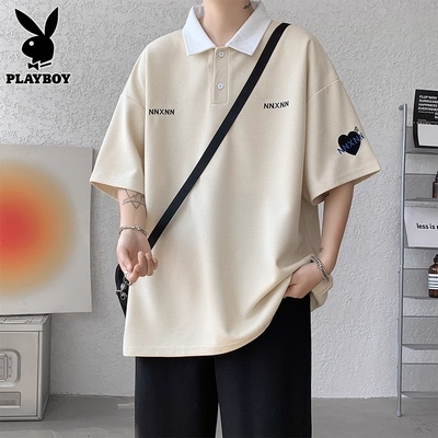 花花公子夏季短袖t恤男士潮流纯棉宽松字母华夫格体恤polo衫男款