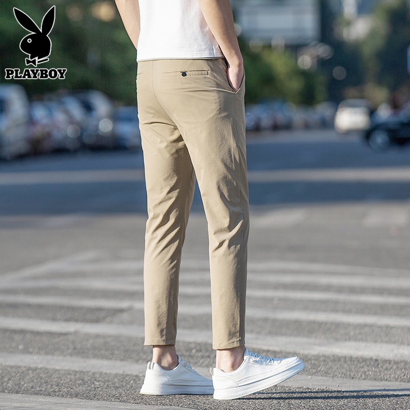花花公子冰丝休闲裤男士夏季薄款潮流速干直筒修身九分小西裤男款