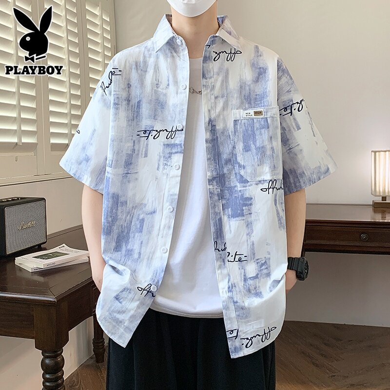 花花公子纯棉短袖衬衫男士夏季薄款扎染印花衬衣潮流痞帅上衣服男
