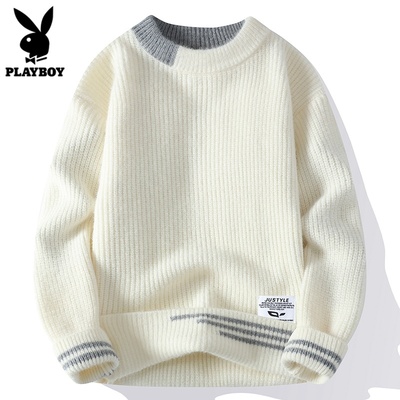 花花公子秋冬季圆领毛衣男款潮流宽松休闲线衣服拼色针织打底衫男