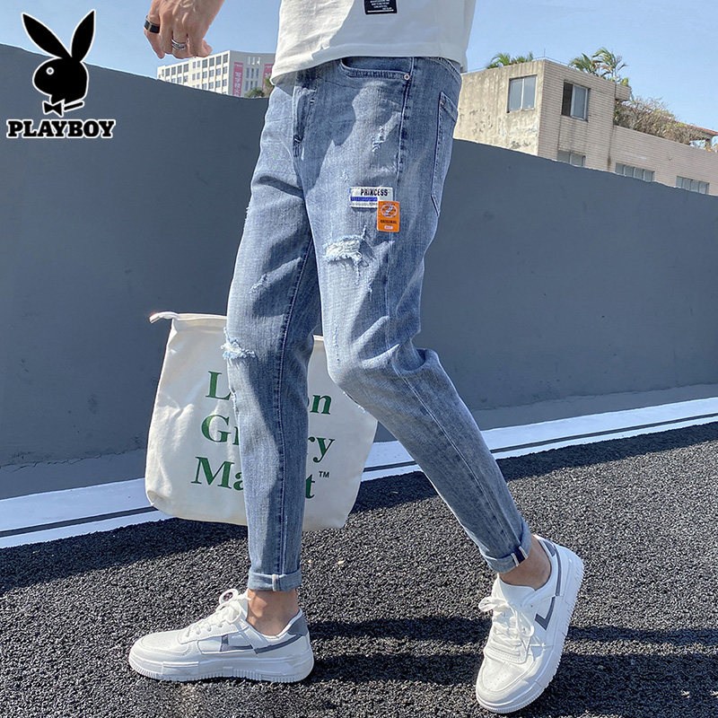 花花公子夏季破洞牛仔裤男士潮流新款修身小脚休闲浅色九分裤子男