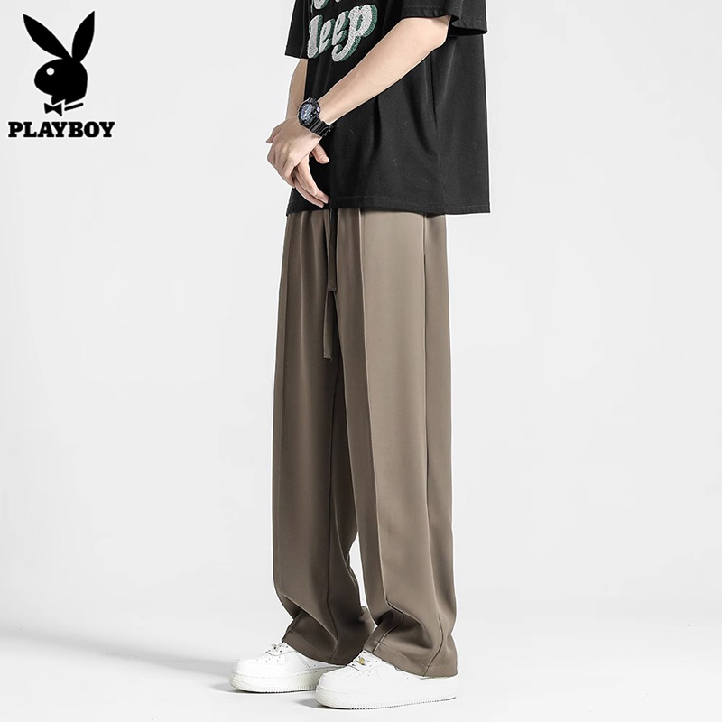 花花公子冰丝休闲裤男士夏季薄款阔腿垂感小西裤直筒宽松长裤子男