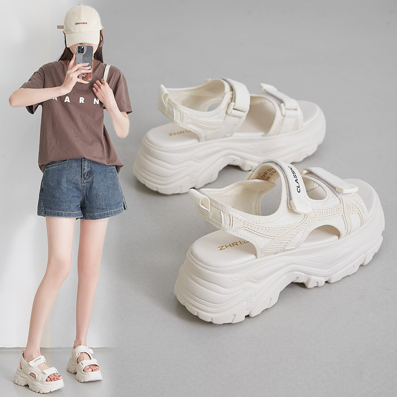 ZHR厚底运动凉鞋女2025夏显高魔术贴沙滩鞋透气舒适粗跟露趾凉鞋