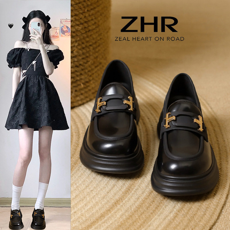 ZHR方头厚底单鞋女2023秋新款真皮ins百搭韩版学院风小皮鞋高颜值