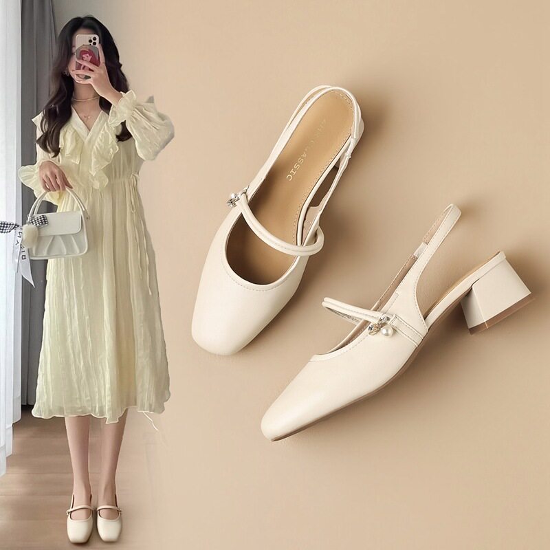 ZHR则则包头裸色高跟鞋女夏新款蝴蝶结后空凉鞋舒适尖头粗跟凉鞋