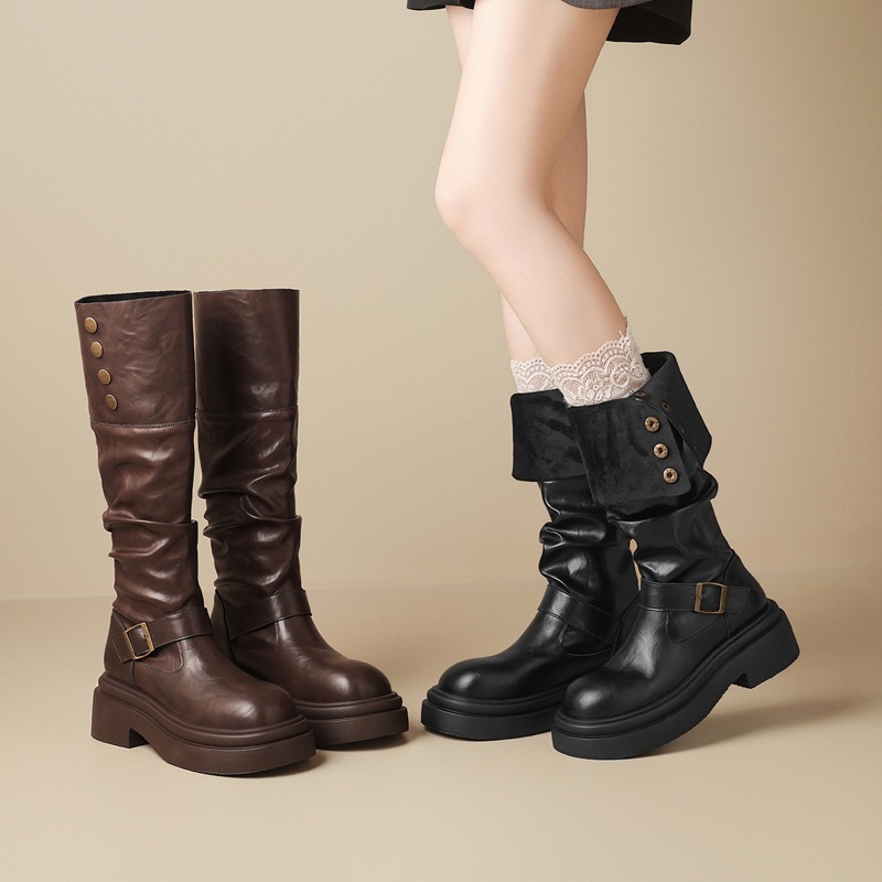 zhr则则复古加绒长筒靴女厚底冬新款时尚百搭堆堆靴美拉德女靴子