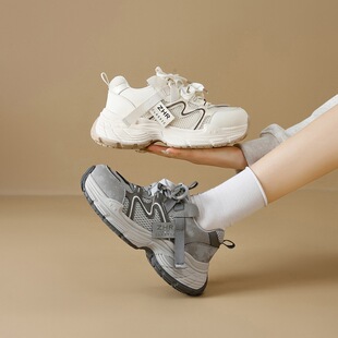 百搭拼色潮流运动休闲鞋 时尚 子 女春新款 zhr则则跟高6cm厚底老爹鞋