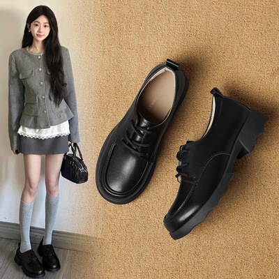 ZHR羊皮垫复古经典系带乐福鞋女春新款时尚百搭通勤粗跟小皮鞋子