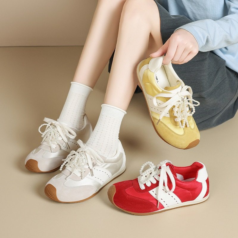 ZHR阿甘鞋女春秋新款珍珠缎面透气轻便板鞋平底运动休闲德训鞋子