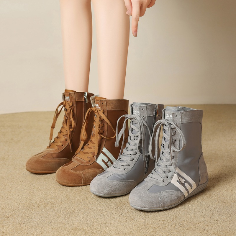 zhr真皮短靴女秋冬新款小个子内增高德训鞋运动拳击靴休闲百搭靴