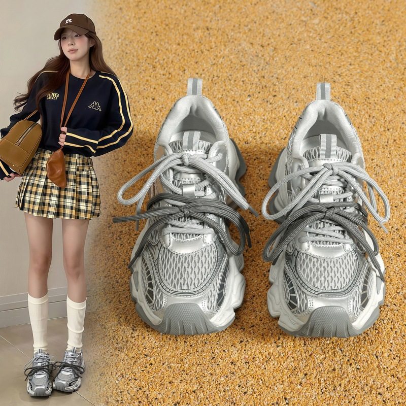 zhr银色绑带运动鞋女春新款老爹鞋厚底时尚百搭透气舒适休闲鞋子