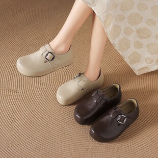 zhr则则内增高勃肯鞋女春季新款英伦圆头一脚蹬软底休闲小皮鞋子